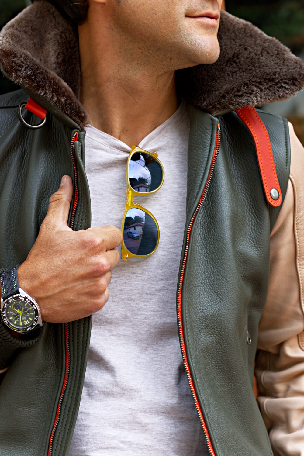 LE MANS Leather Jacket Shearling Collar Green & Beige