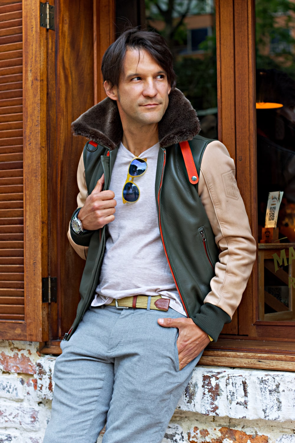 LE MANS Leather Jacket Shearling Collar Green & Beige