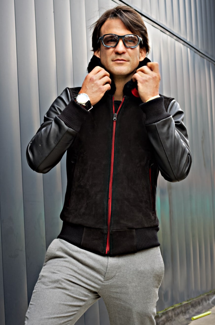 LE MANS Leather Jacket Shearling Collar Triple Black