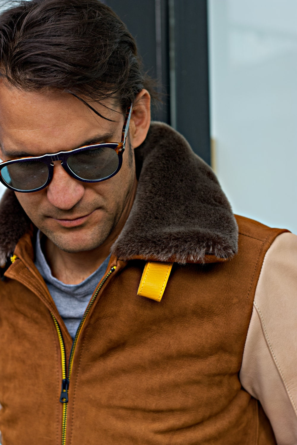 LE MANS Leather Jacket Shearling Collar Brown & Beige