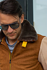 LE MANS Leather Jacket Shearling Collar Brown & Beige