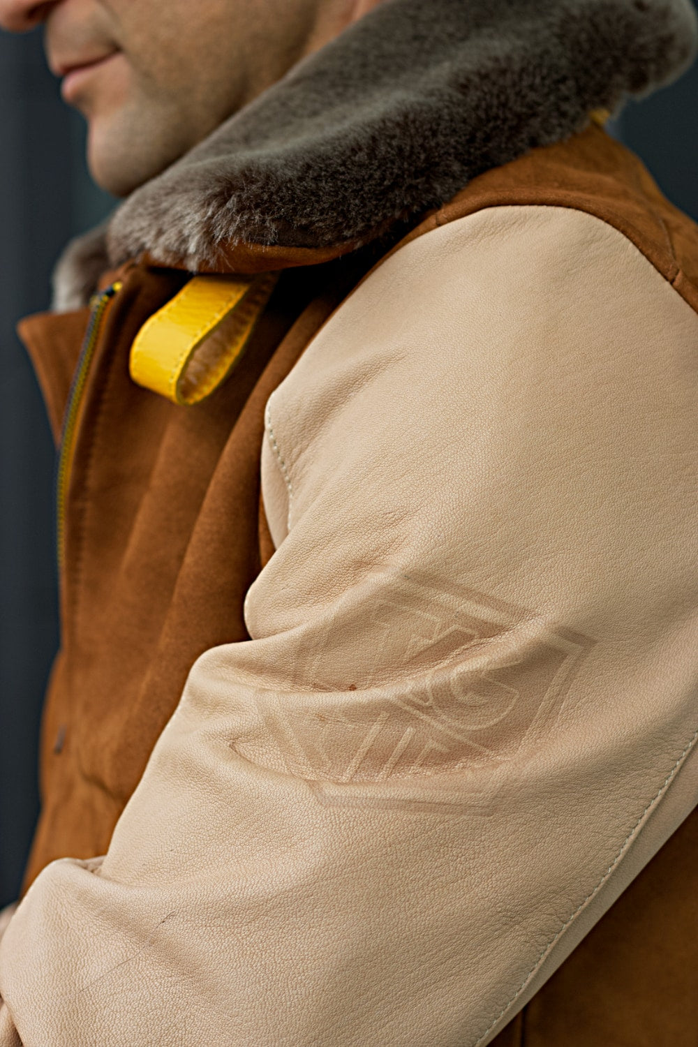 LE MANS Leather Jacket Shearling Collar Brown & Beige