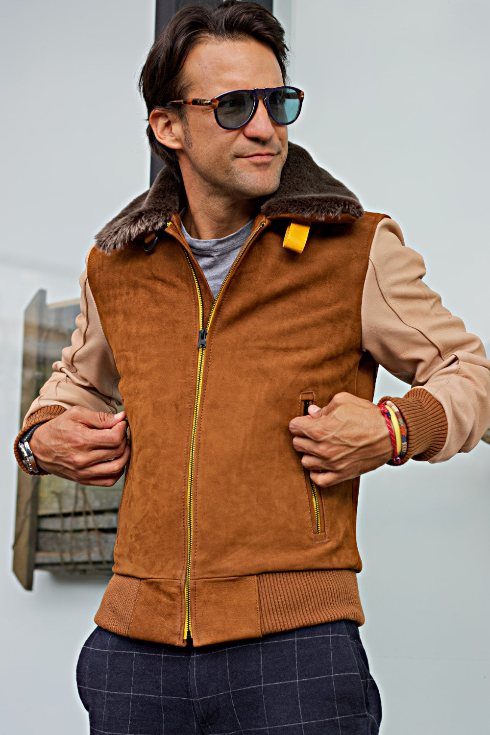 LE MANS Leather Jacket Shearling Collar Brown & Beige