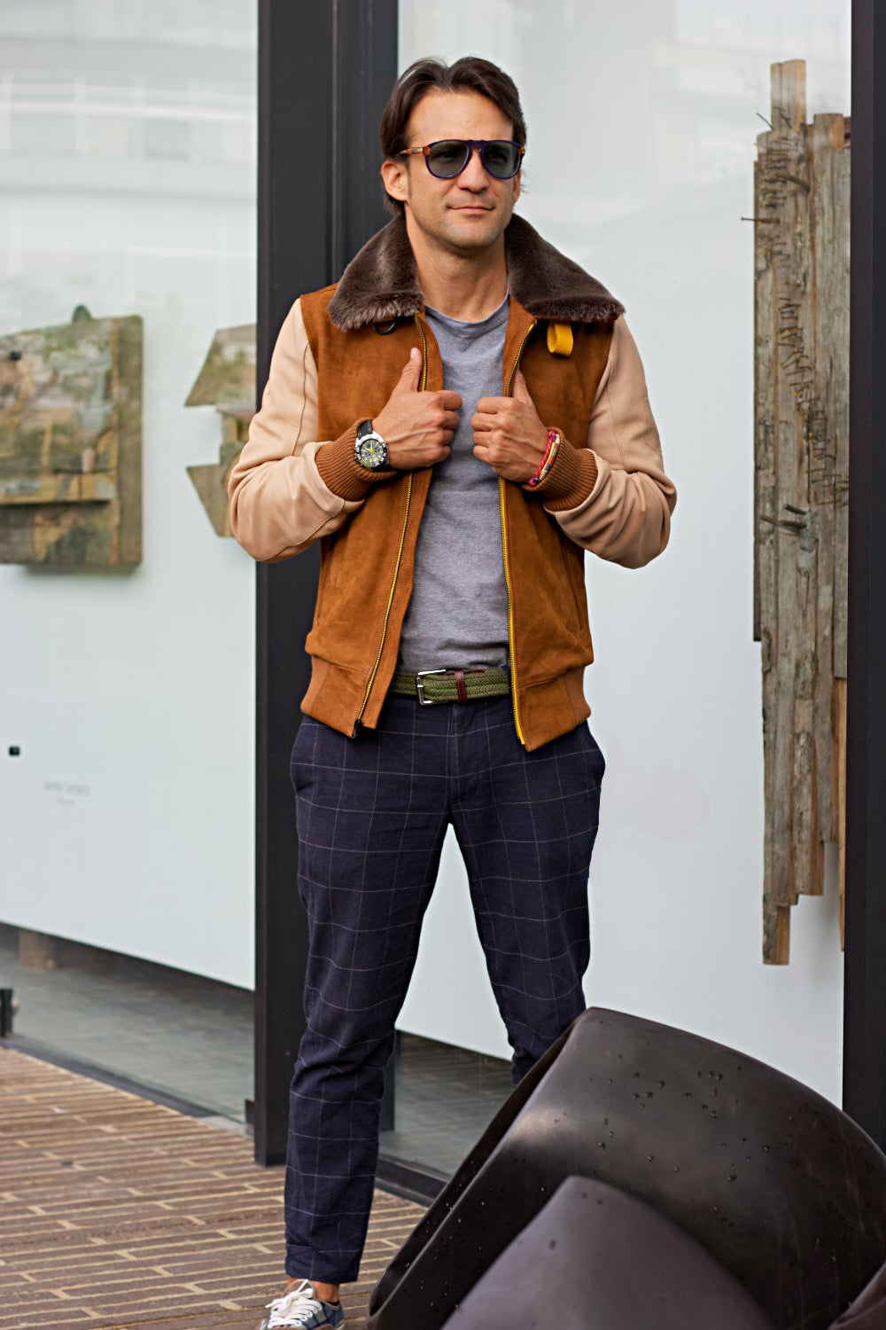 LE MANS Leather Jacket Shearling Collar Brown & Beige