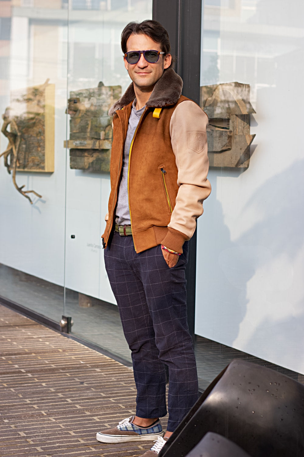 LE MANS Leather Jacket Shearling Collar Brown & Beige
