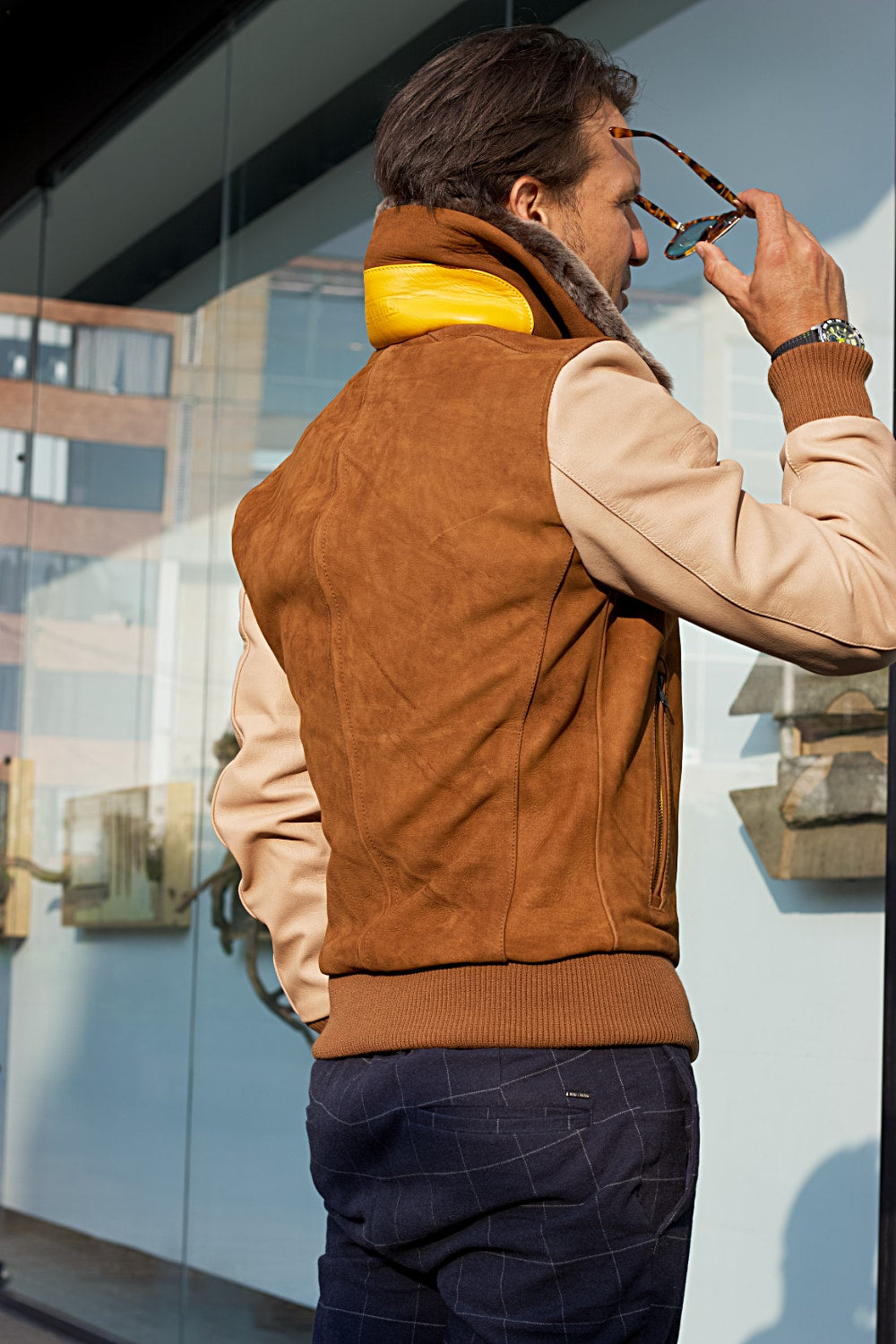 LE MANS Leather Jacket Shearling Collar Brown & Beige