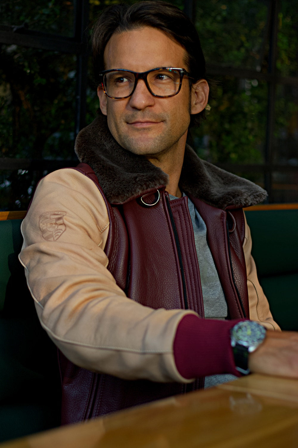 LE MANS Leather Jacket Shearling Collar Mahogany & Beige