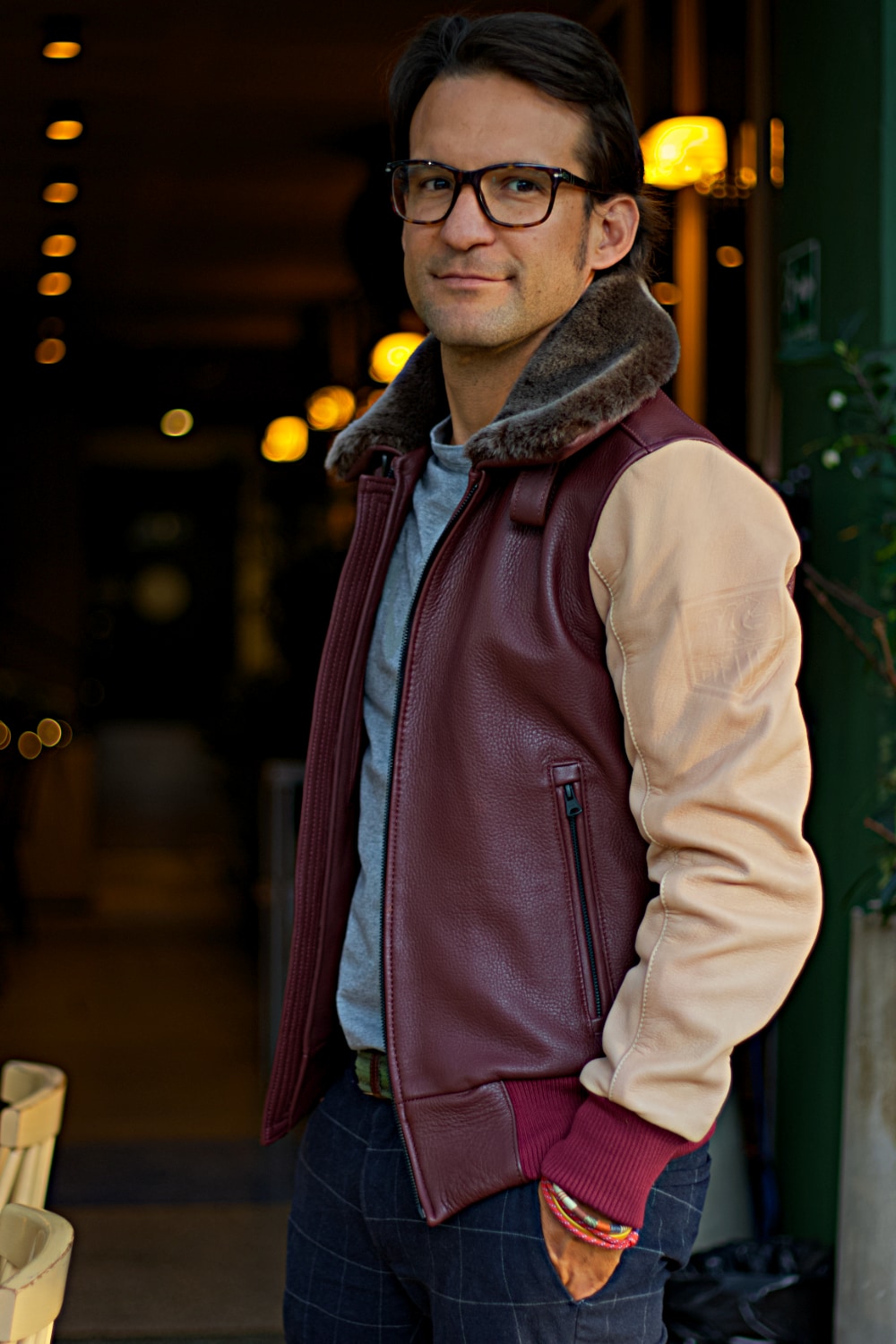 LE MANS Leather Jacket Shearling Collar Mahogany & Beige