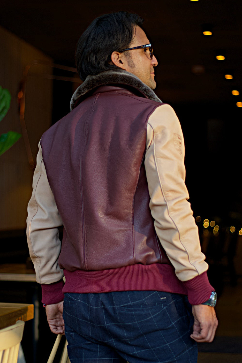 LE MANS Leather Jacket Shearling Collar Mahogany & Beige