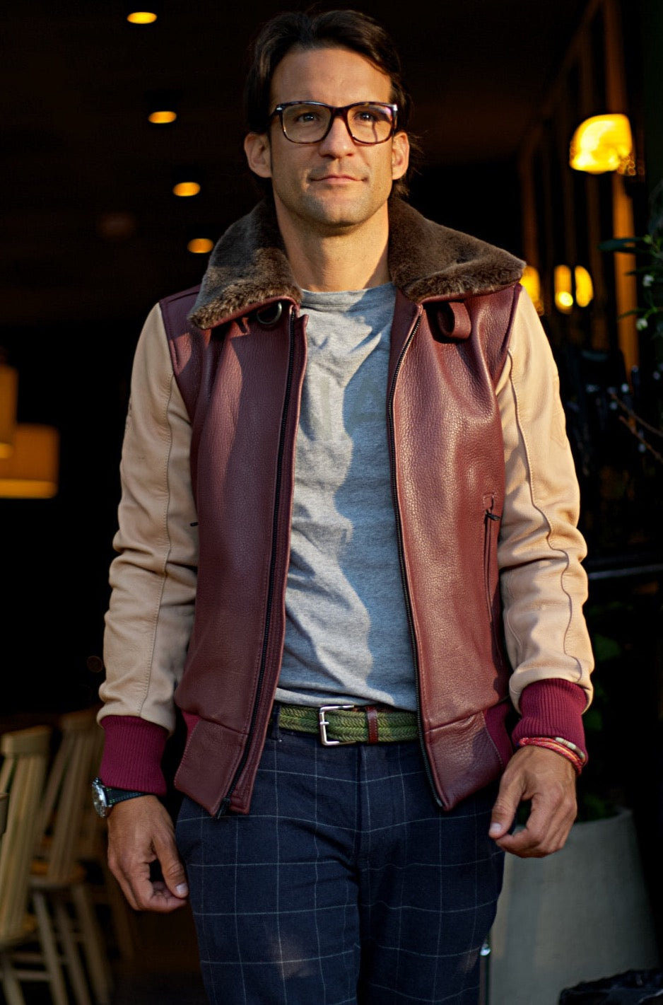 LE MANS Leather Jacket Shearling Collar Mahogany & Beige