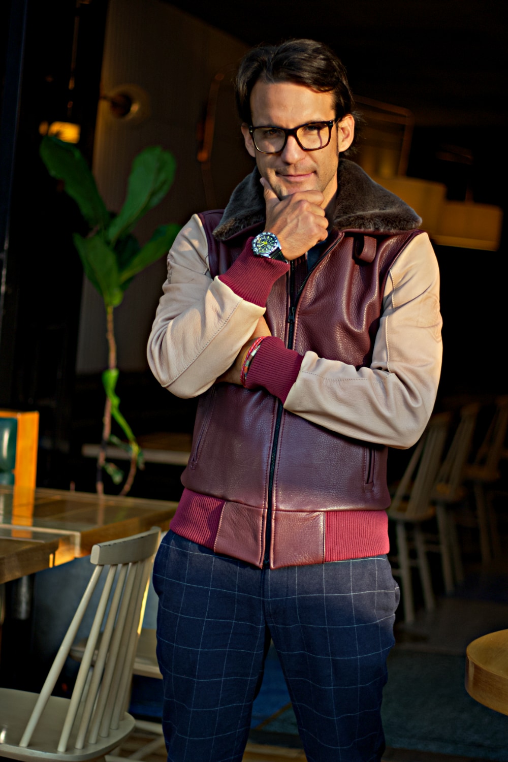 LE MANS Leather Jacket Shearling Collar Mahogany & Beige