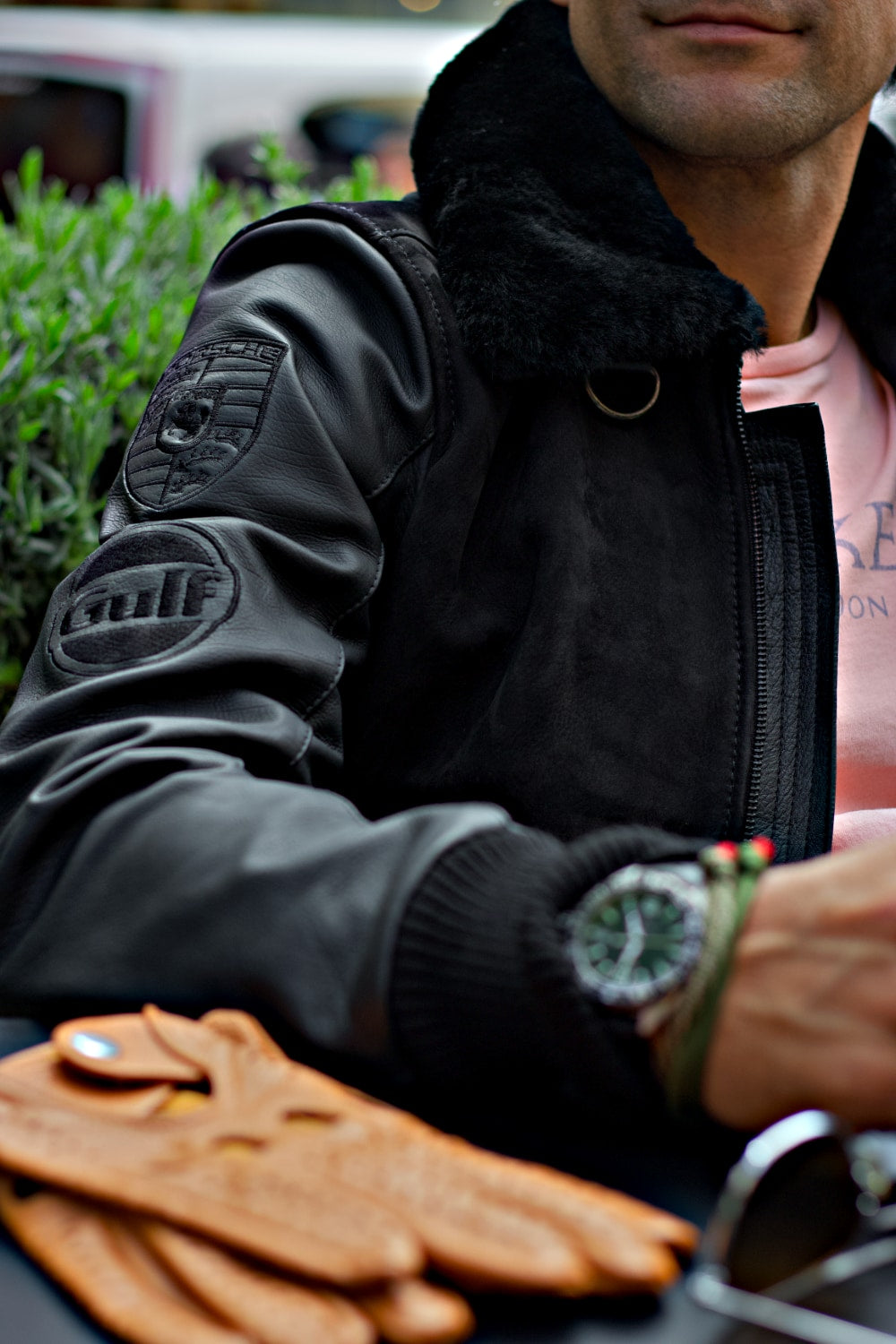 LE MANS Porche Ed. Leather Jacket Shearling Collar Black -Triple Black