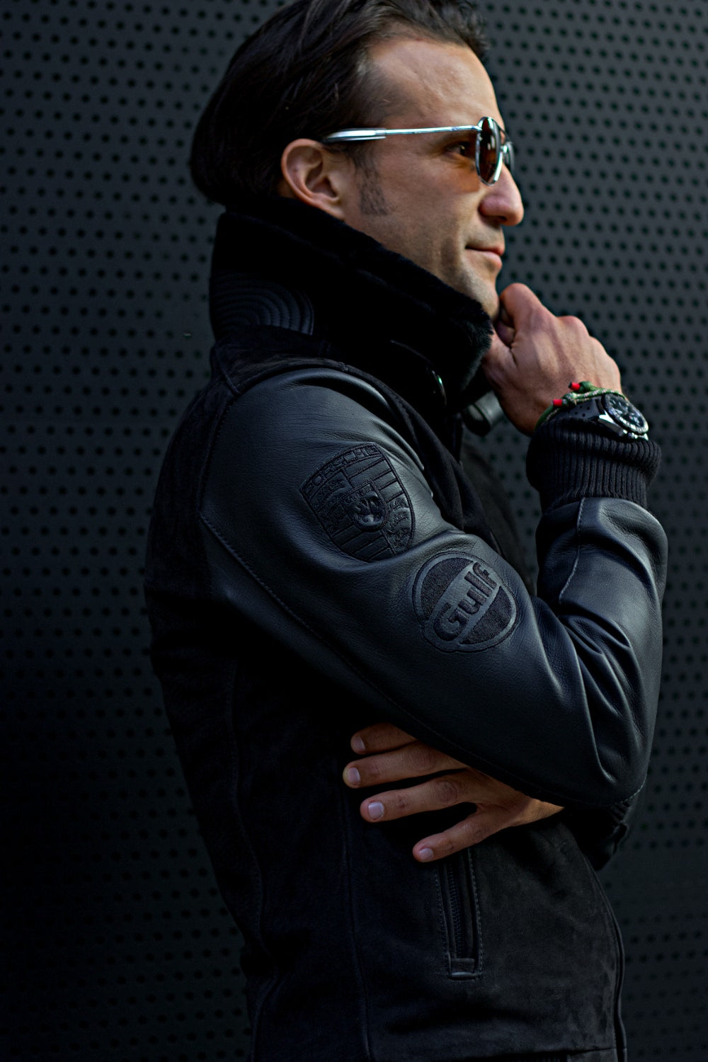 LE MANS Porche Ed. Leather Jacket Shearling Collar Black -Triple Black