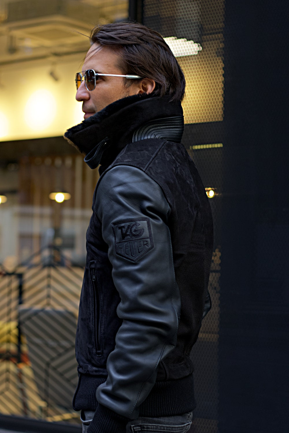 LE MANS Porche Ed. Leather Jacket Shearling Collar Black -Triple Black