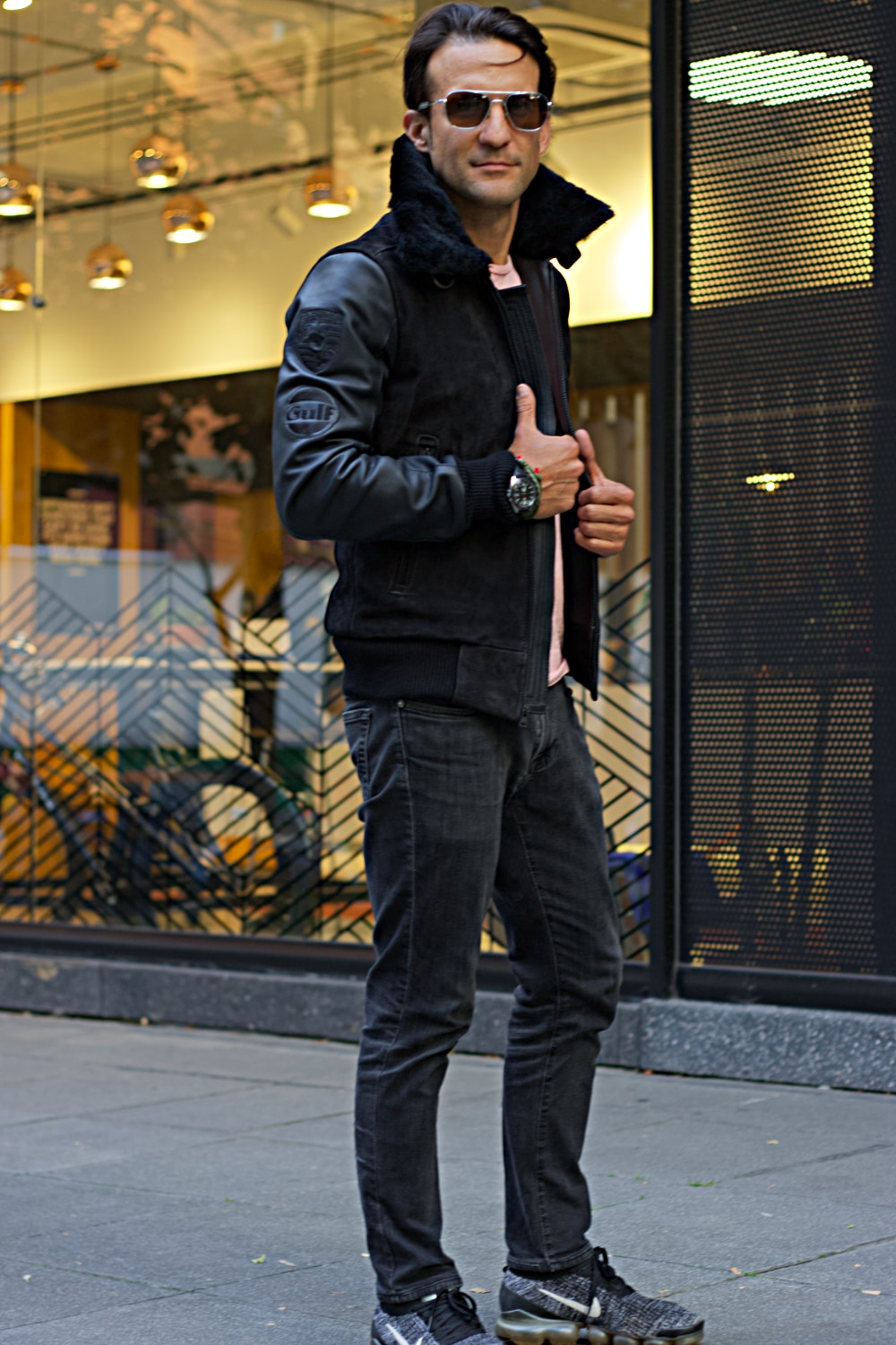 LE MANS Porche Ed. Leather Jacket Shearling Collar Black -Triple Black