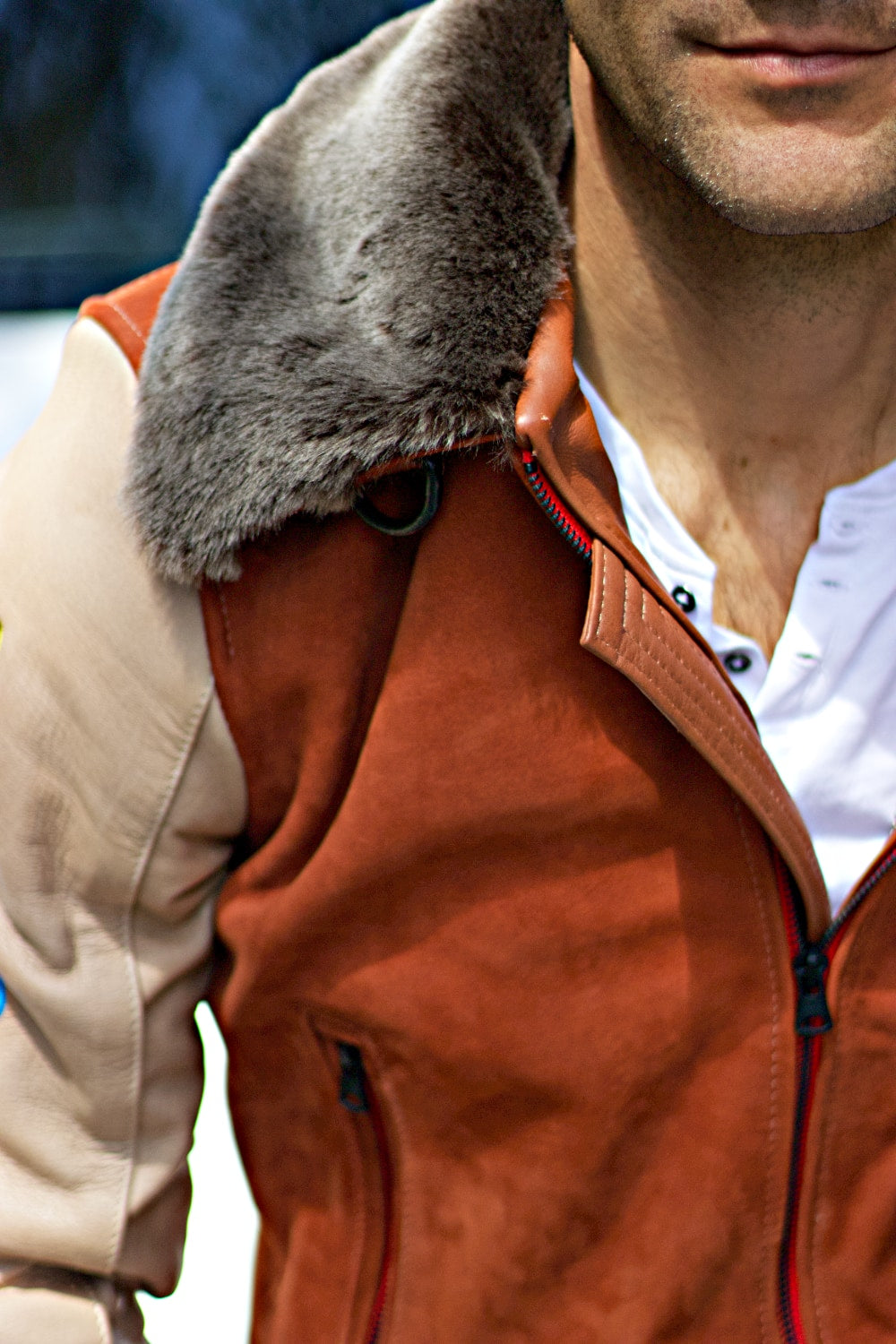 LE MANS Porche Ed. Leather Jacket Shearling Collar Black - Terracota & Beige