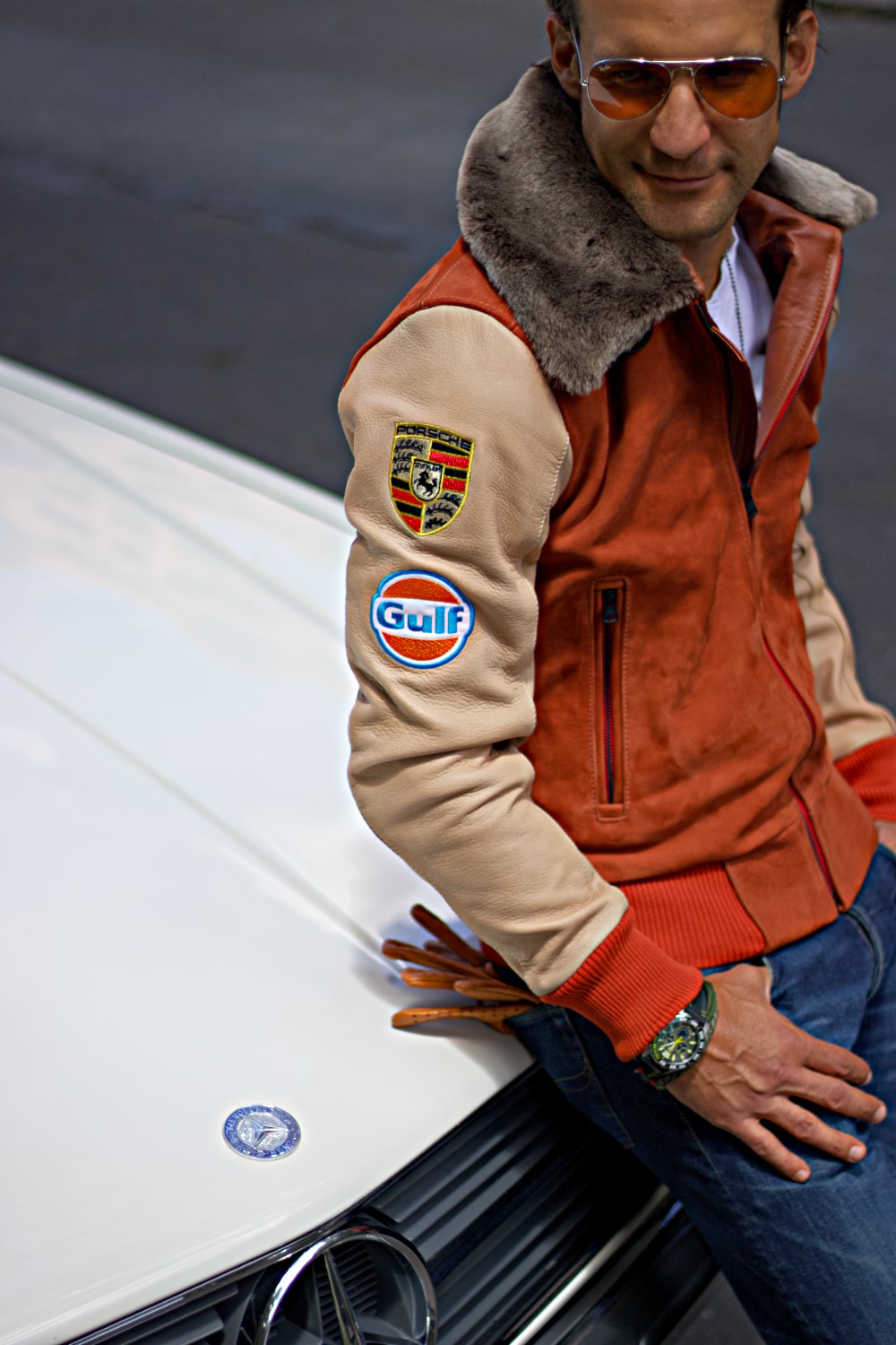 LE MANS Porche Ed. Leather Jacket Shearling Collar Black - Terracota & Beige