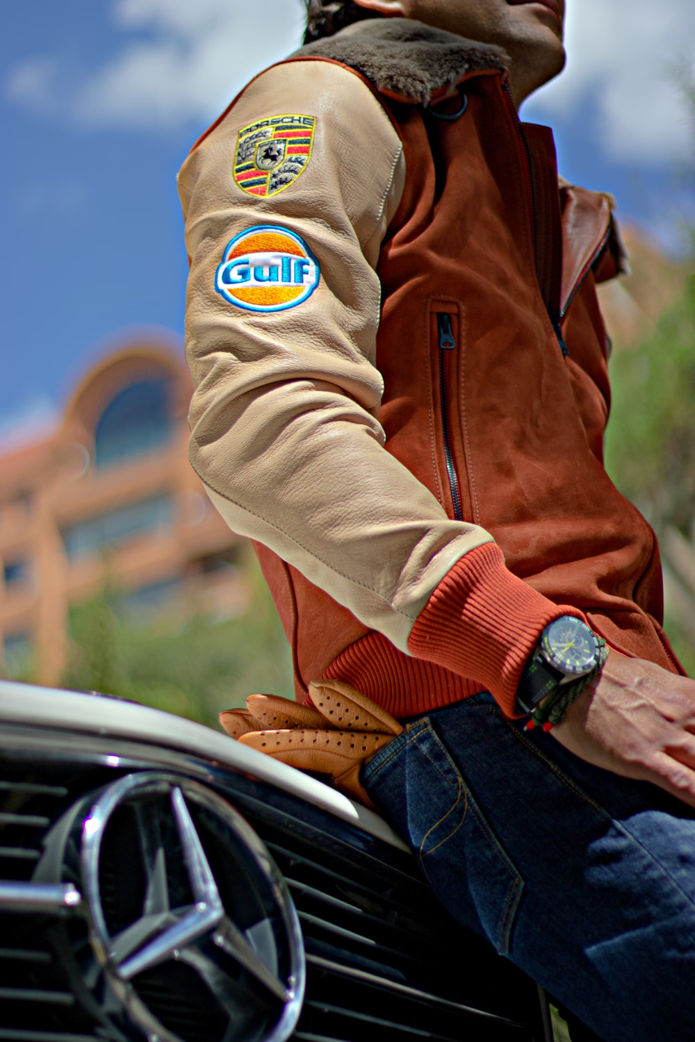 LE MANS Porche Ed. Leather Jacket Shearling Collar Black - Terracota & Beige