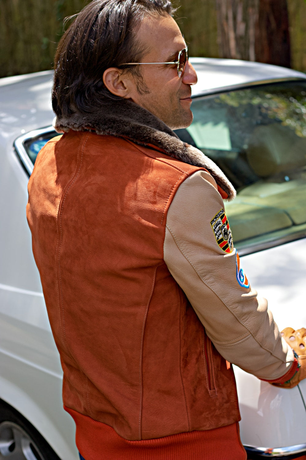 LE MANS Porche Ed. Leather Jacket Shearling Collar Black - Terracota & Beige