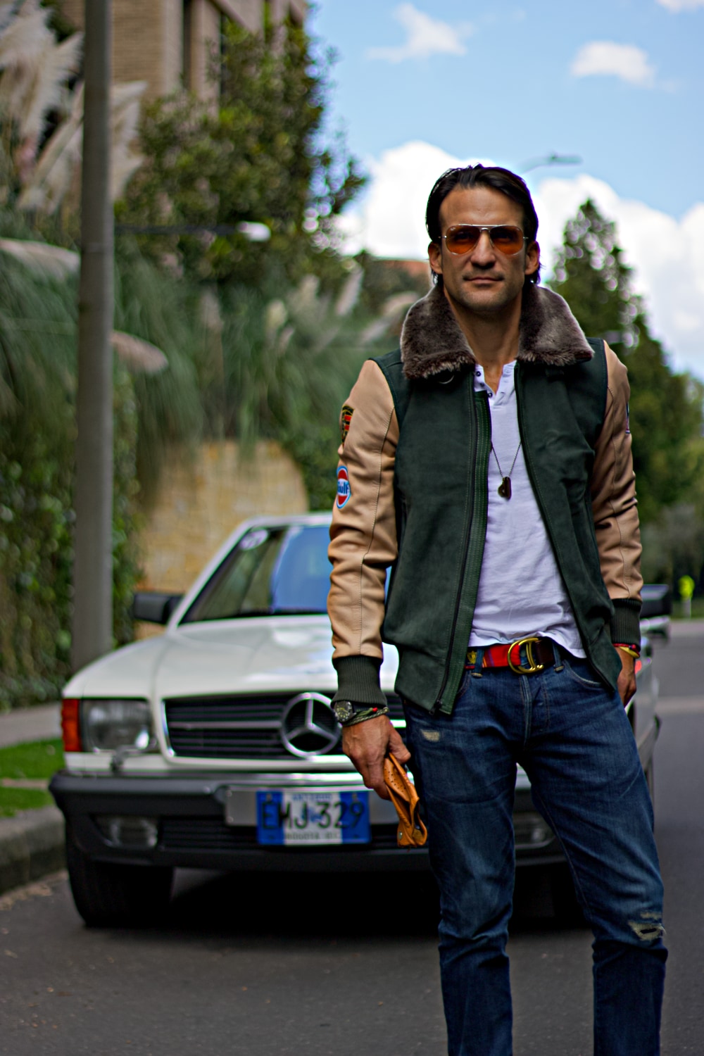 LE MANS Porche Ed. Leather Jacket Shearling Collar Black - Green & Beige