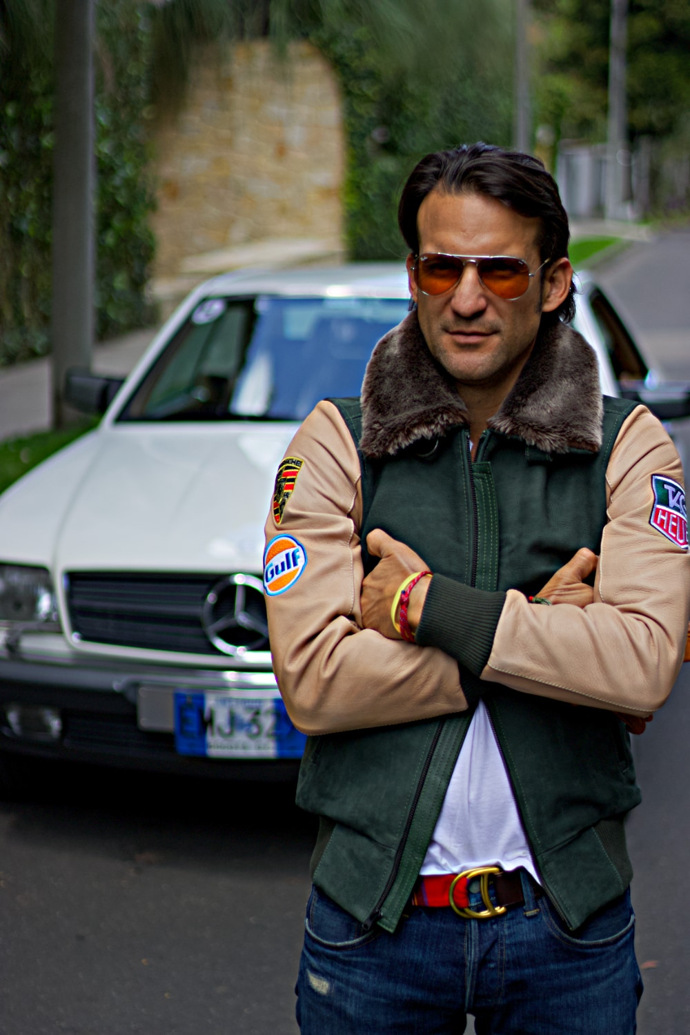 LE MANS Porche Ed. Leather Jacket Shearling Collar Black - Green & Beige