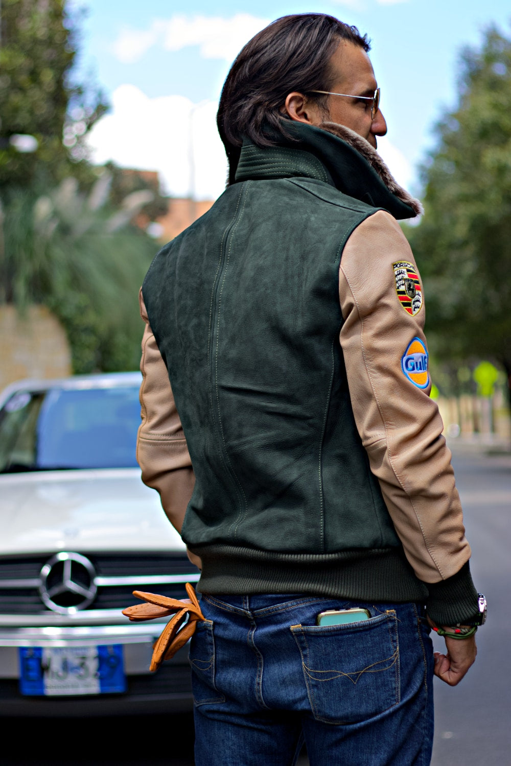 LE MANS Porche Ed. Leather Jacket Shearling Collar Black - Green & Beige