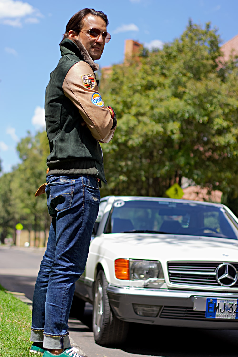 LE MANS Porche Ed. Leather Jacket Shearling Collar Black - Green & Beige