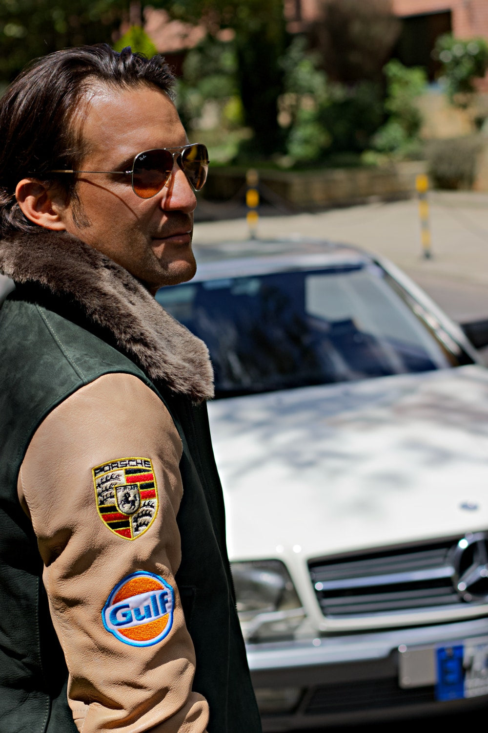 LE MANS Porche Ed. Leather Jacket Shearling Collar Black - Green & Beige