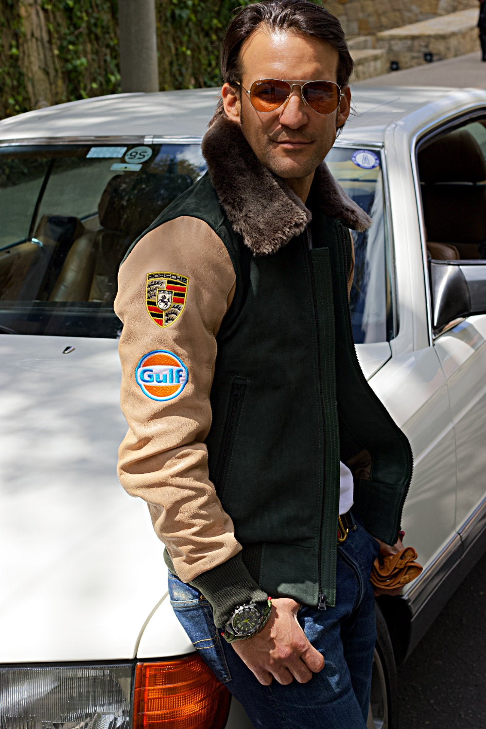 LE MANS Porche Ed. Leather Jacket Shearling Collar Black - Green & Beige