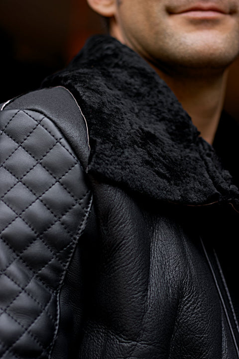 ASPEN Natural Shearling Winter Jacket in Black Sheepskin & Black Leather