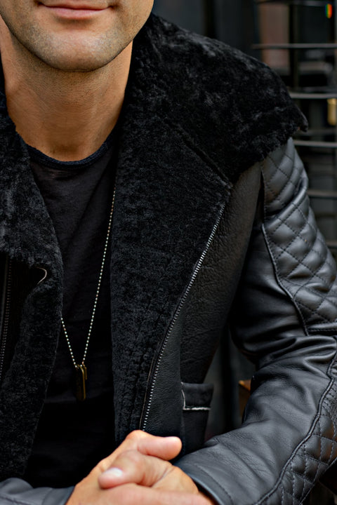 ASPEN Natural Shearling Winter Jacket in Black Sheepskin & Black Leather