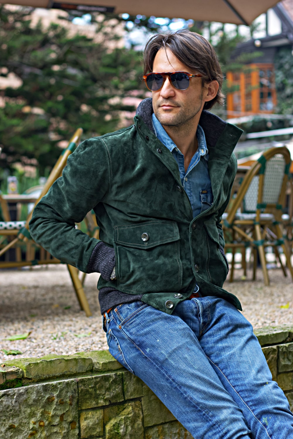 TURIN Jacket in Suede - Tall wool collar with buttons -  Green
