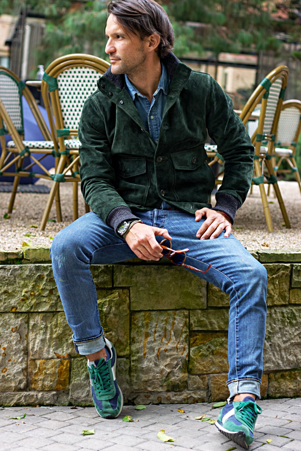 TURIN Jacket in Suede - Tall wool collar with buttons -  Green