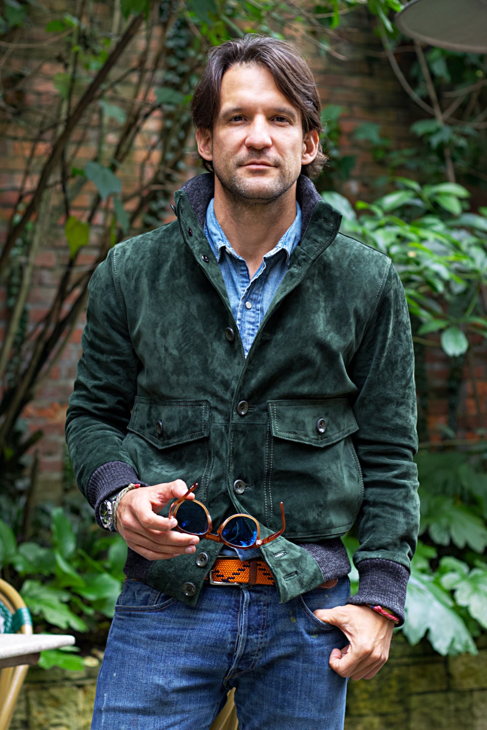 TURIN Jacket in Suede - Tall wool collar with buttons -  Green