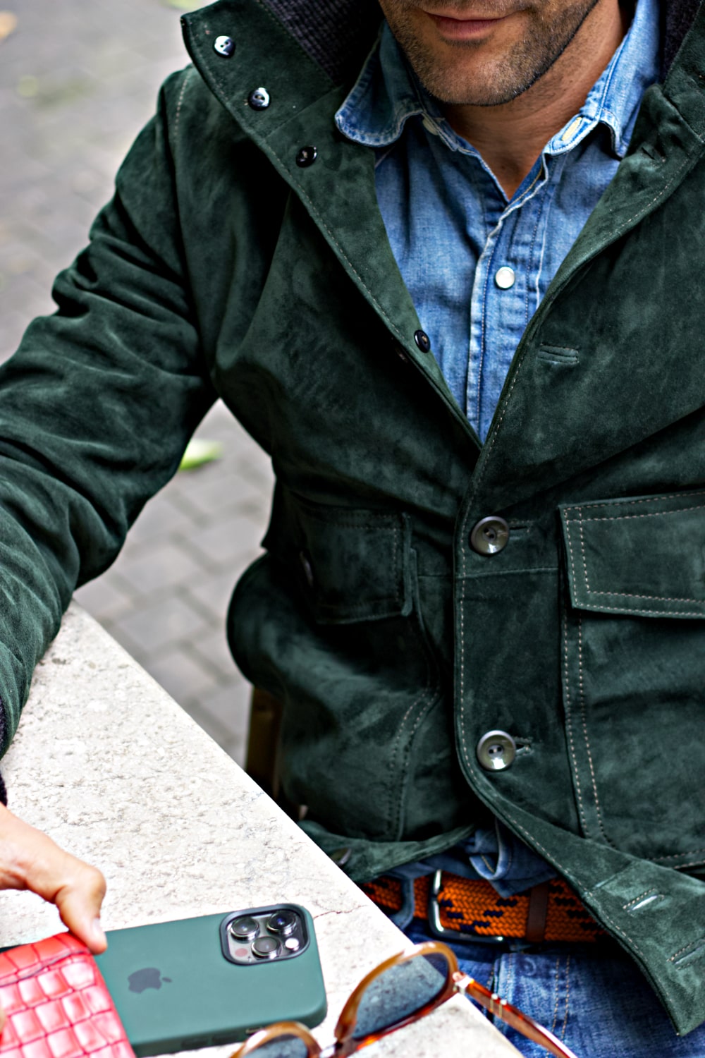 TURIN Jacket in Suede - Tall wool collar with buttons -  Green