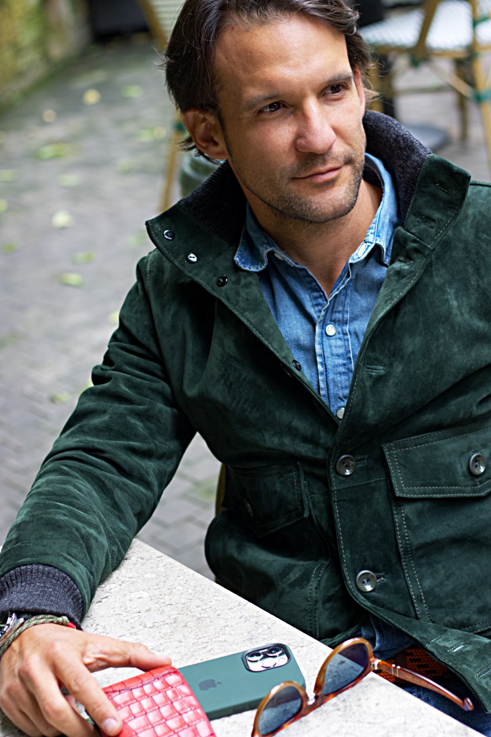 TURIN Jacket in Suede - Tall wool collar with buttons -  Green