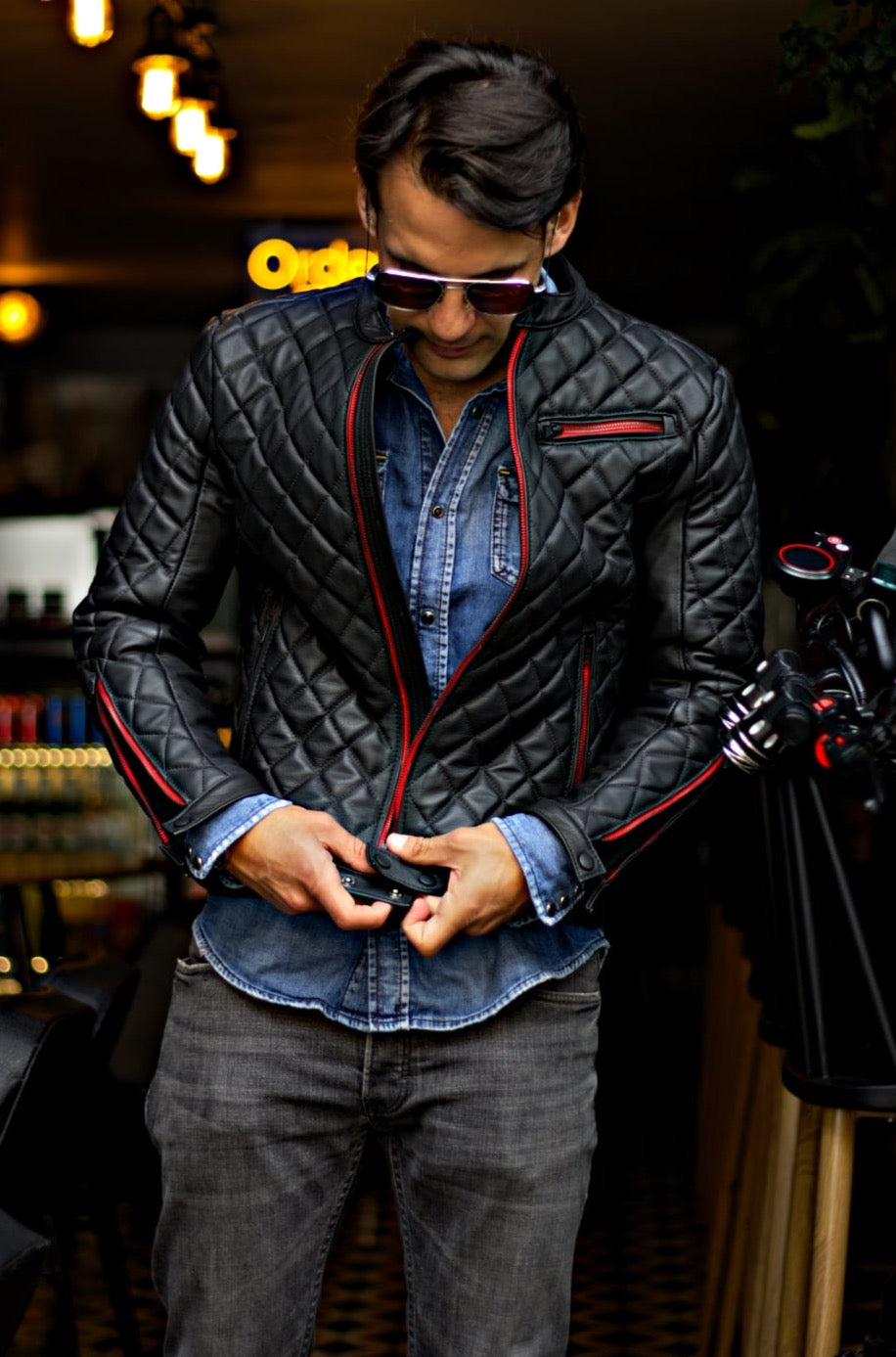 PANAMERICA Leather Jacket - Quilted, in Calfskin Black & Black Zips / Red