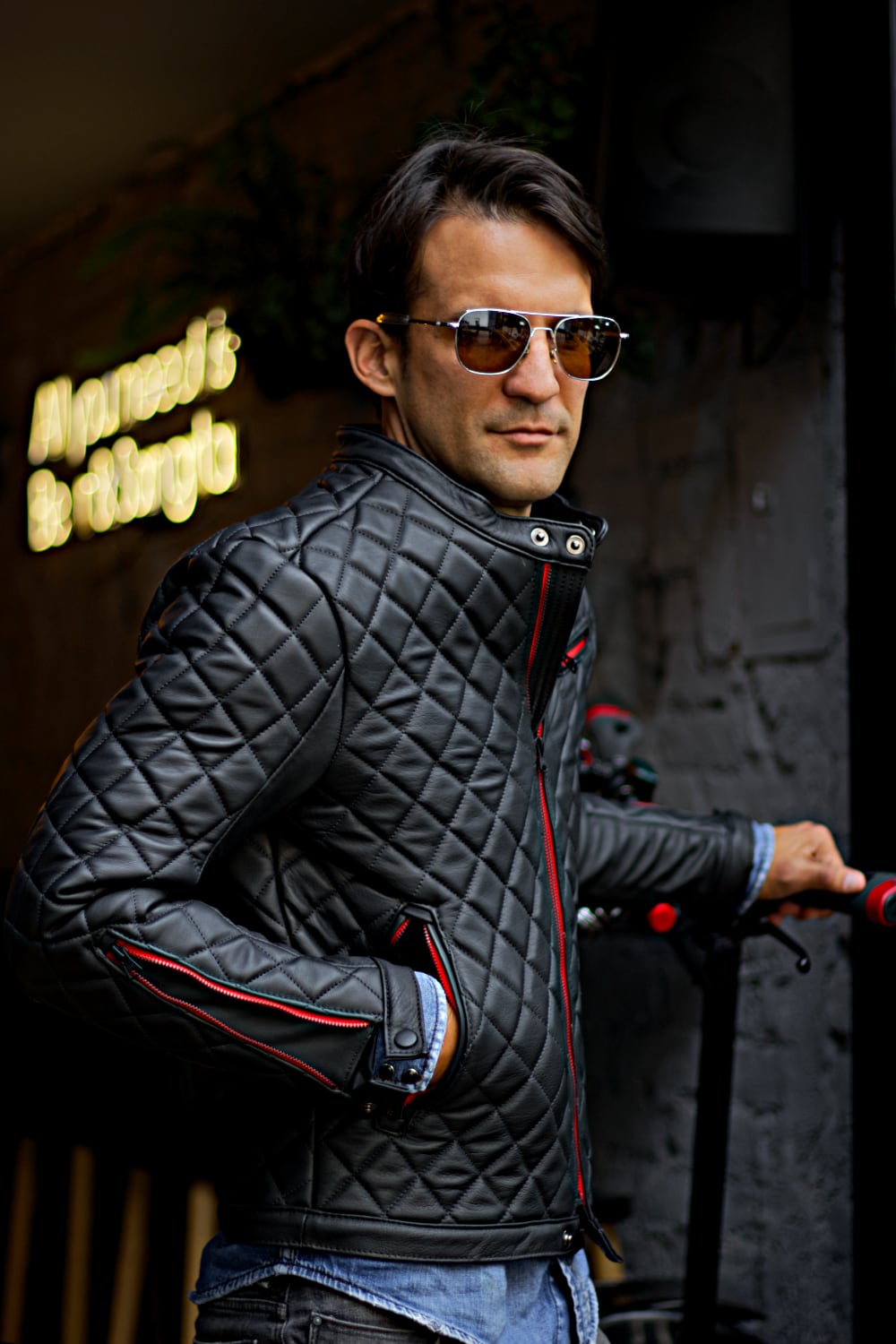 PANAMERICA Leather Jacket - Quilted, in Calfskin Black & Black Zips / Red