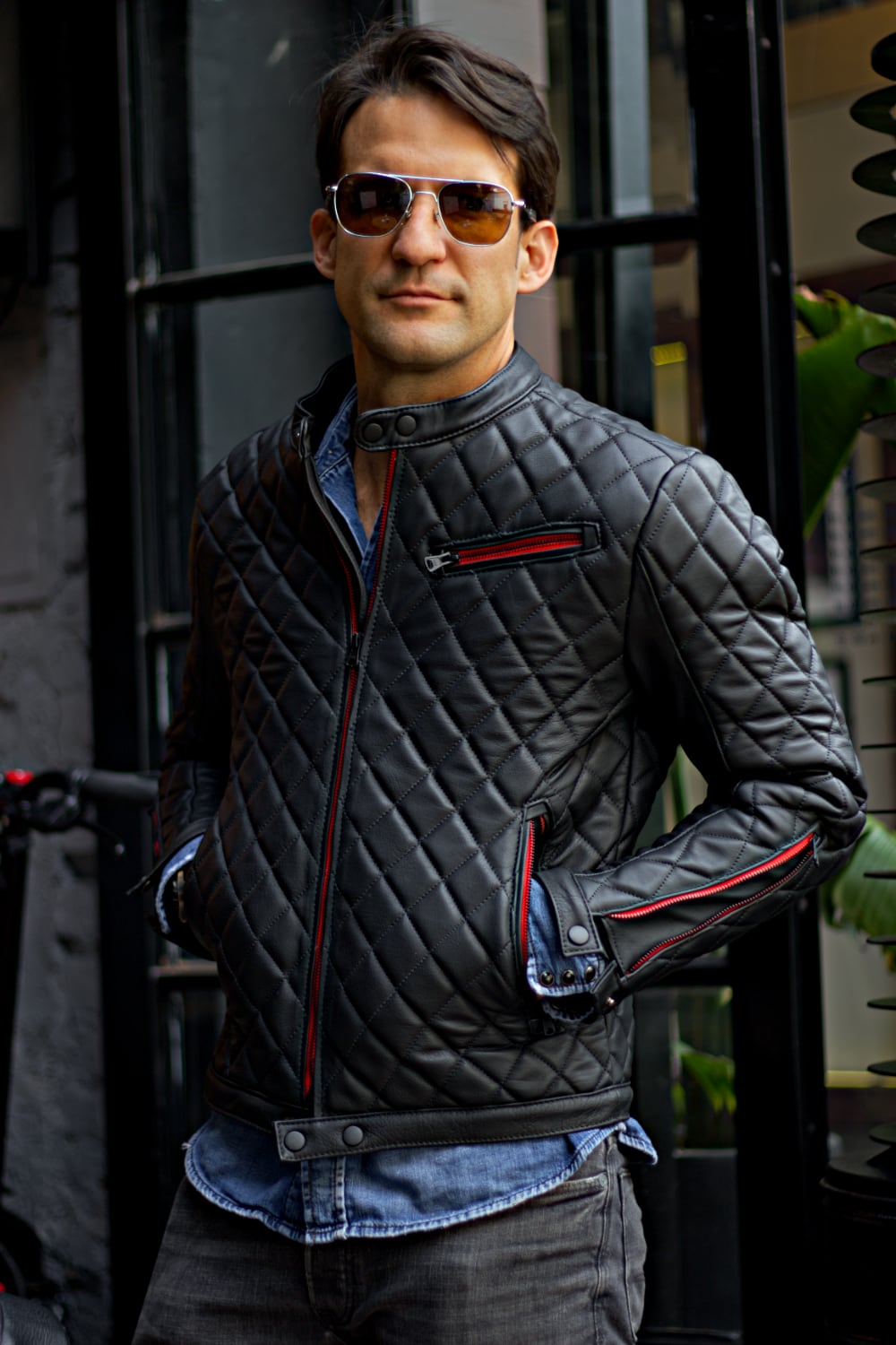 PANAMERICA Leather Jacket - Quilted, in Calfskin Black & Black Zips / Red