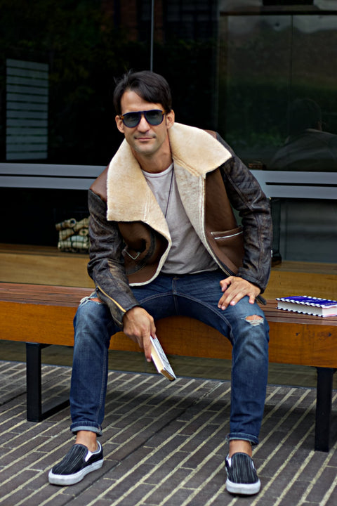 ASPEN Natural Shearling Winter Jacket in Brown Sheepskin & Antique Brown Leather