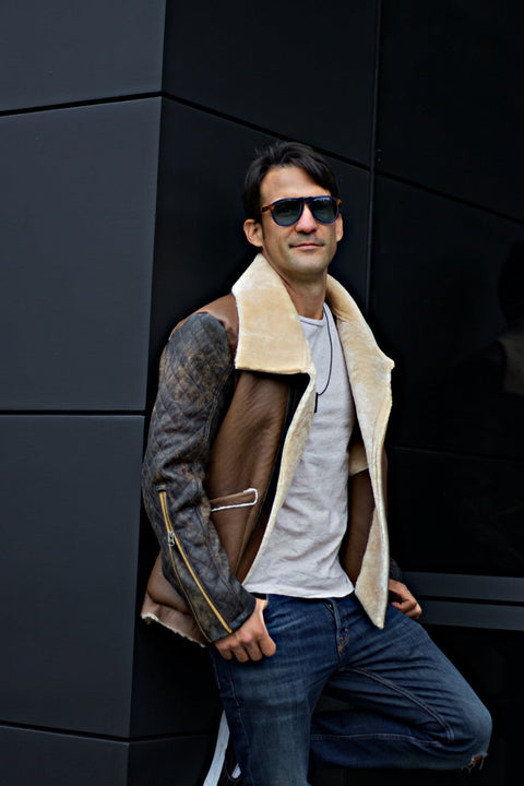 ASPEN Natural Shearling Winter Jacket in Brown Sheepskin & Antique Brown Leather