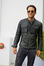 MI6 Leather Jacket - Double Cargo Pockets in Distressed Navy Green