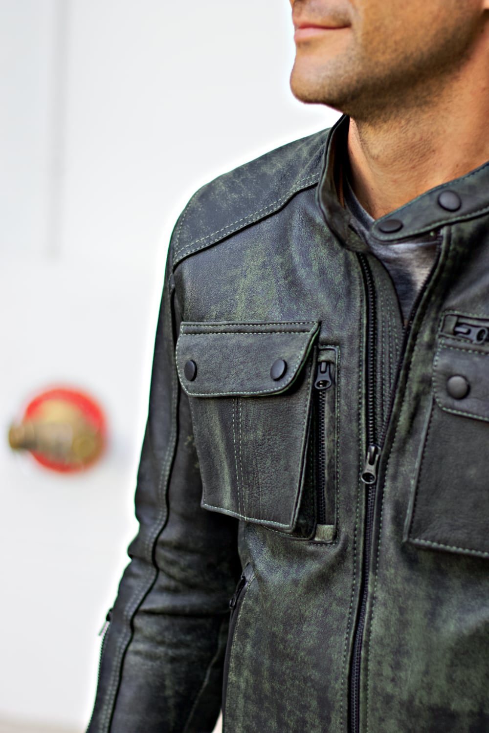 MI6 Leather Jacket - Double Cargo Pockets in Distressed Navy Green