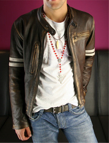 MUSTANG Leather Jacket Distressed Brown - Cafe Racer Stripes - PDCollection Leatherwear - Online Shop
