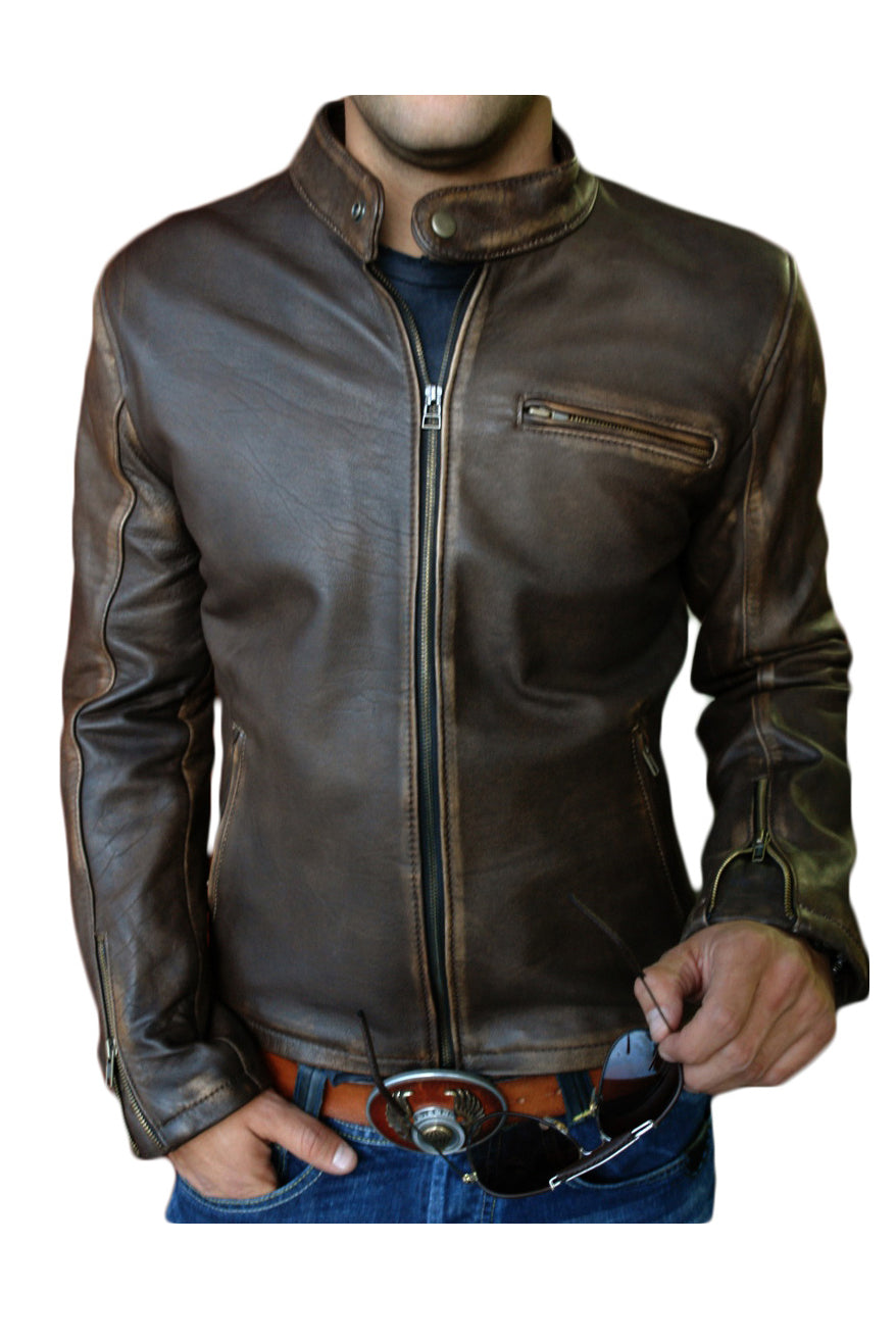 R79 Leather Jacket Distressed Brown Vintage Fit - Motorcycle Cafe Racer - PDCollection Leatherwear - Online Shop