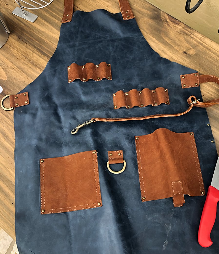 ALPES Leather BBQ Apron Ocean Deep Blue & Brown -