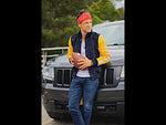 BOSTON 80 Leather Buffalo Suede Varsity Jacket - Blue & Yellow Raw Code Stripes