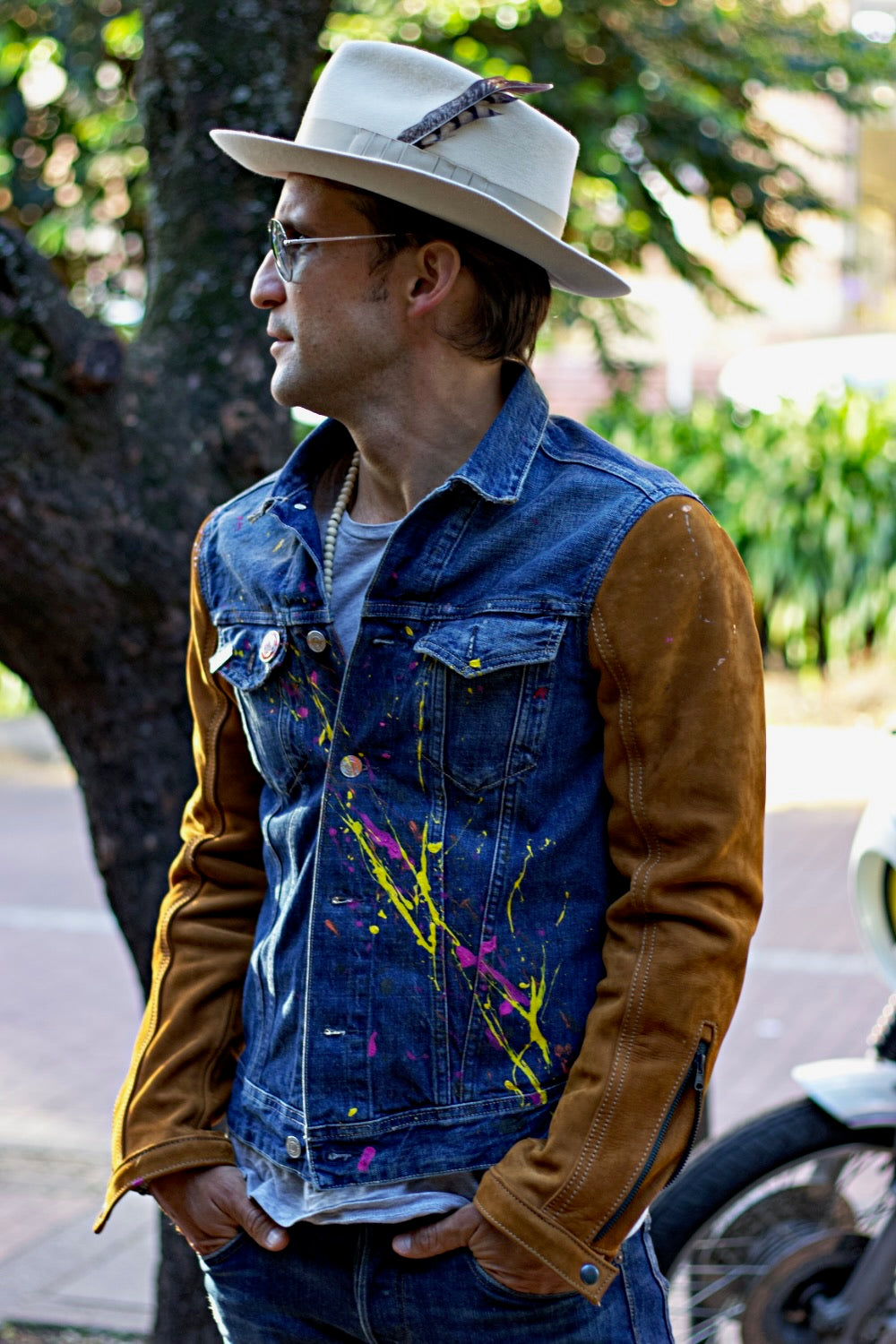 BROOKLYN HMP Painted Jean & Buffalo Suede Jacket Denim & Brown Sleeves