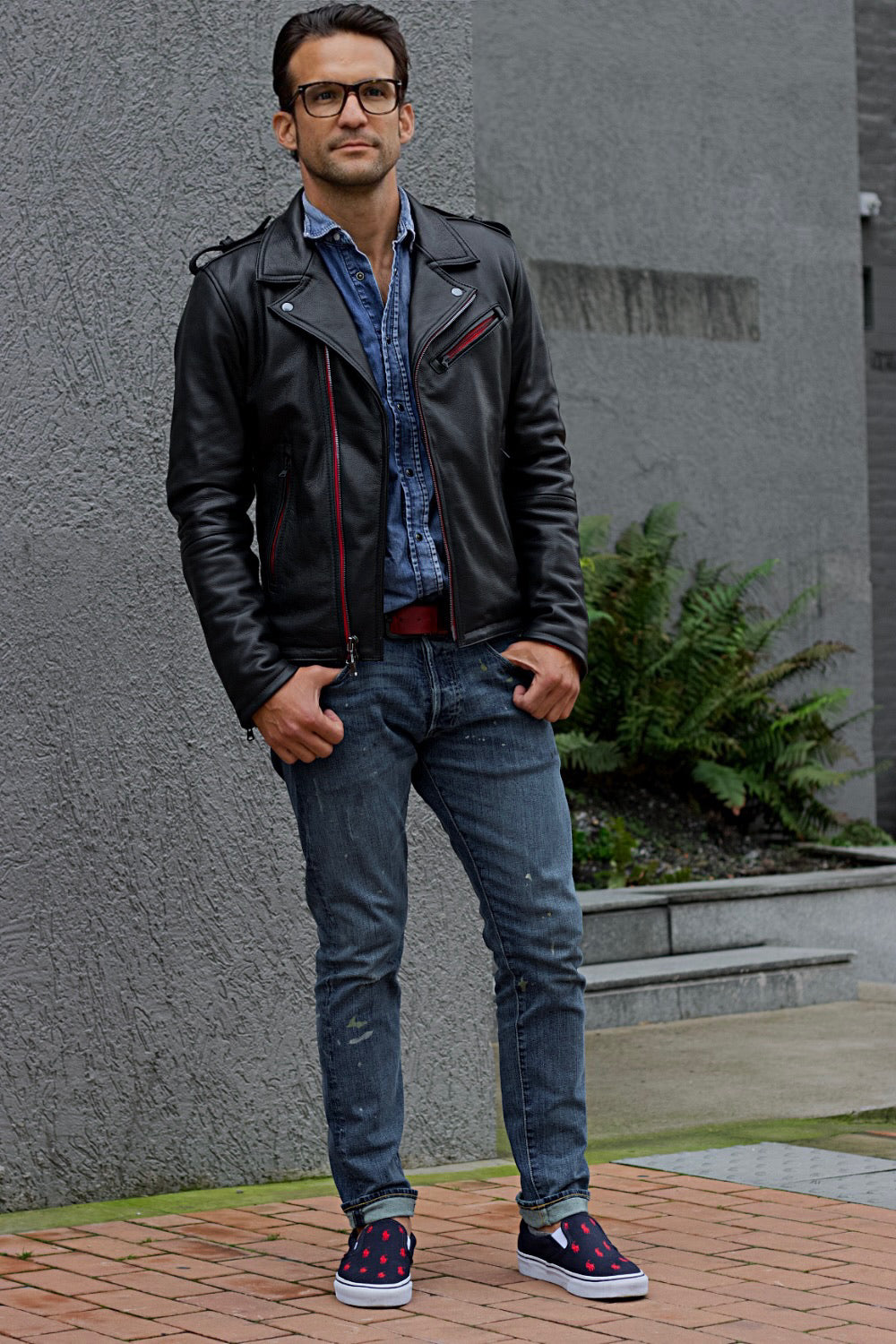 Rebel RD Classic Biker Leather Jacket Leather - Buffalo - Red & Black