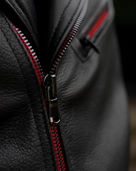 Rebel RD Classic Biker Leather Jacket Leather - Buffalo - Red & Black